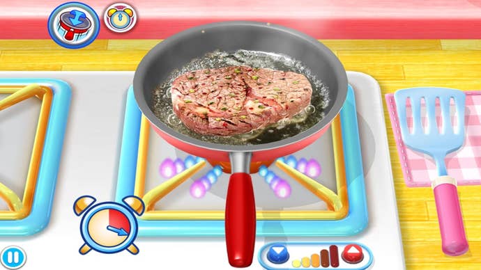 The player cooks a steak in a pan in Cooking Mama: Cuisine