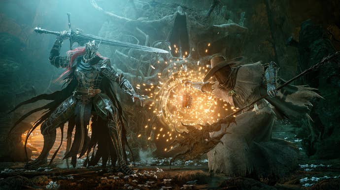 Soldier with long sword fights against a cloaked character with a glowing lamp in Lords of the Fallen