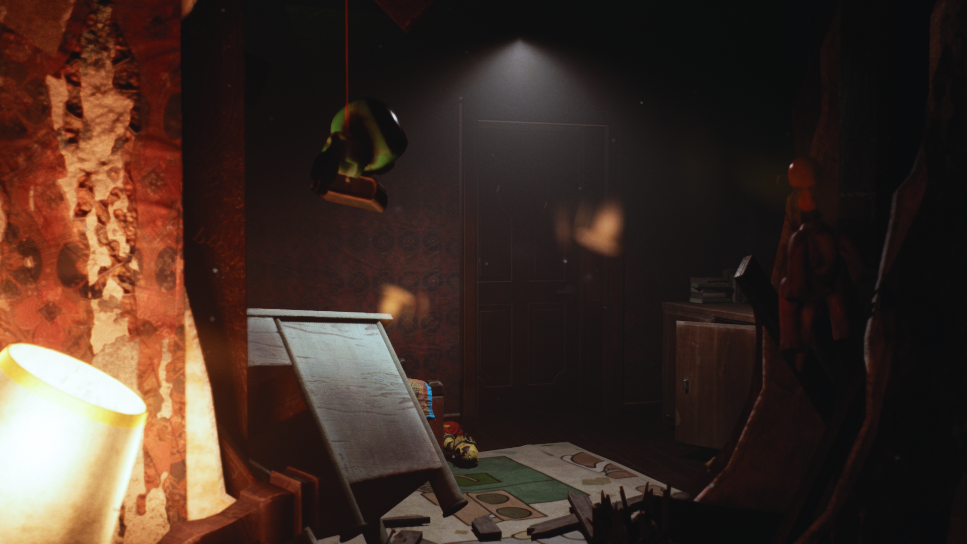 Dimly lit corridor with desk knocked over in Poppy Playtime Chapter 3