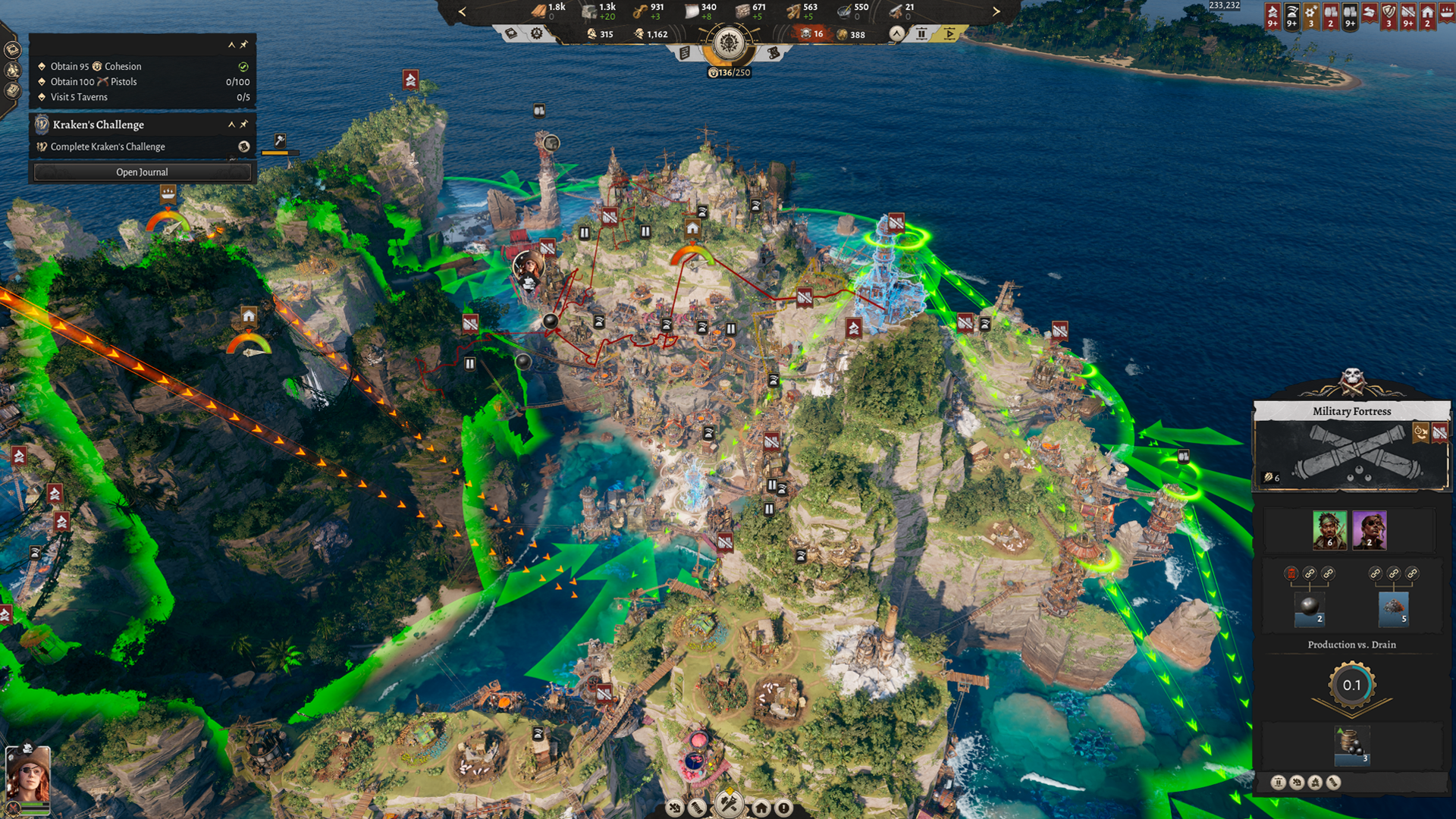 An island overtaken by pirate architecture in Corsair Cove.