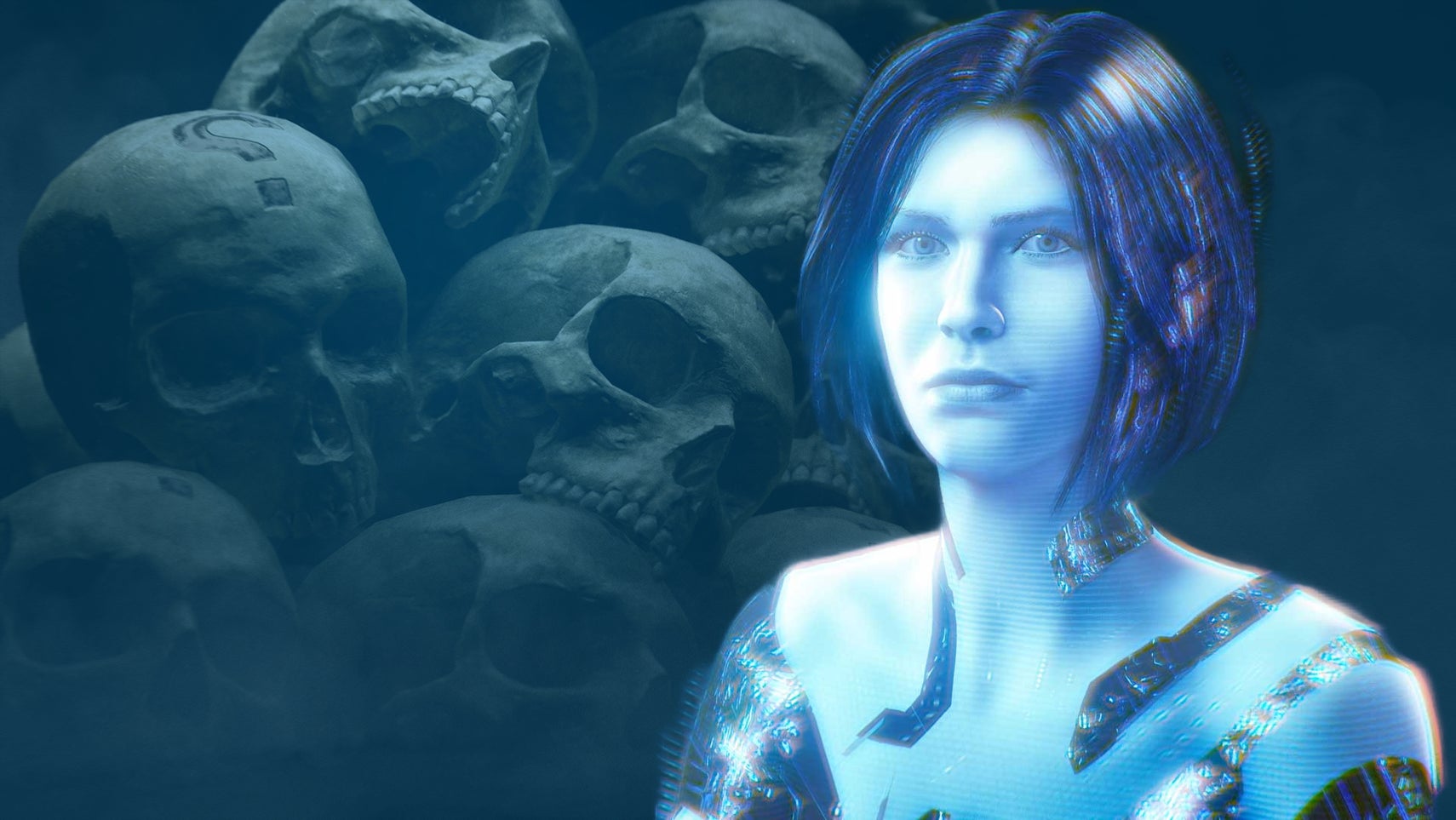 Cortana as she appears in Halo: Campaign Evolved with loads of skulls behind her.