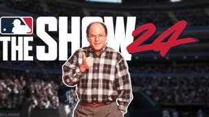 George Costanza stands over a blurred baseball game, and the massive words THE SHOW 24 are emblazoned behind him.