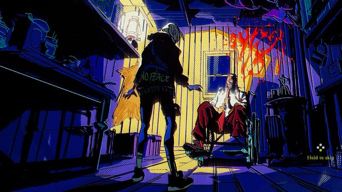 A neon-coloured cartoon shows the girl standing in a wooden-panelled room. The man in the chair in front of her has a shotgun in his mouth. A fine spray of blood surrounds his head.