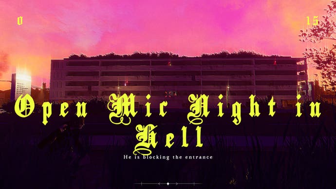 The heavily stylised text introduces the level "Open mic night in hell" and the objective, "he is blocking the entrance". Even figuring out what to do here isn't the hard bit - you also have to pull it off…