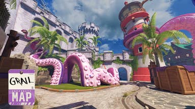 Counter Strike 2 Grail community map showing a courtyard with a seaside like theme with lighthouse and tentacle statue