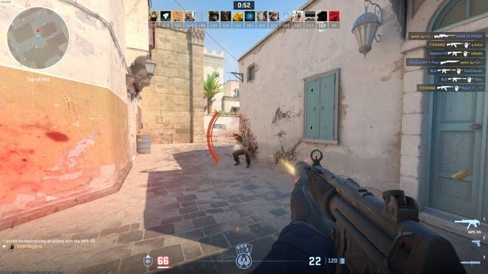 Landing the killing blow on a terrorist in a casual Counter-Strike 2 deathmatch.