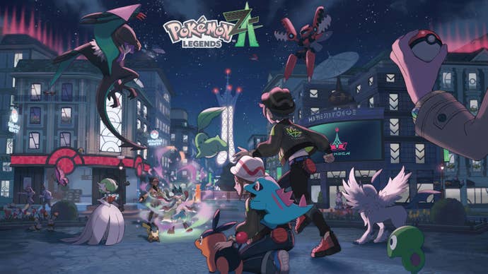 Arte da capa para Pokémon Legends ZA com os personagens principais do jogo e seu parceiro Pokémon lutando contra um Pokémon mega-evoluído à noite em Lumiose City.