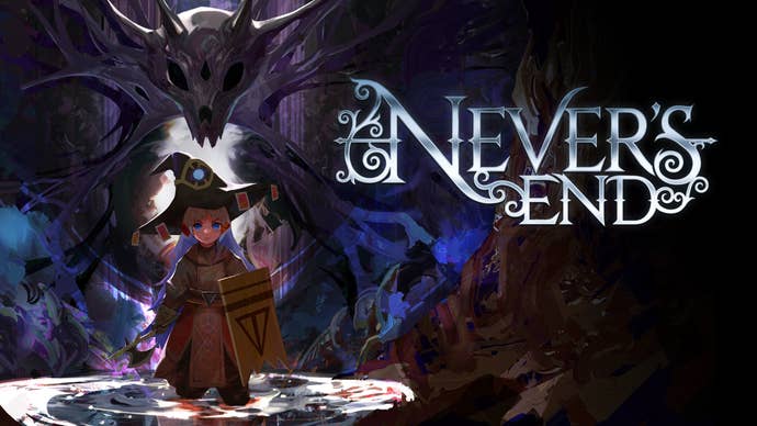 A youthful anime warrior with a sword lasting successful a excavation of metallic adjacent to immoderate metallic text, speechmaking "Never's End"