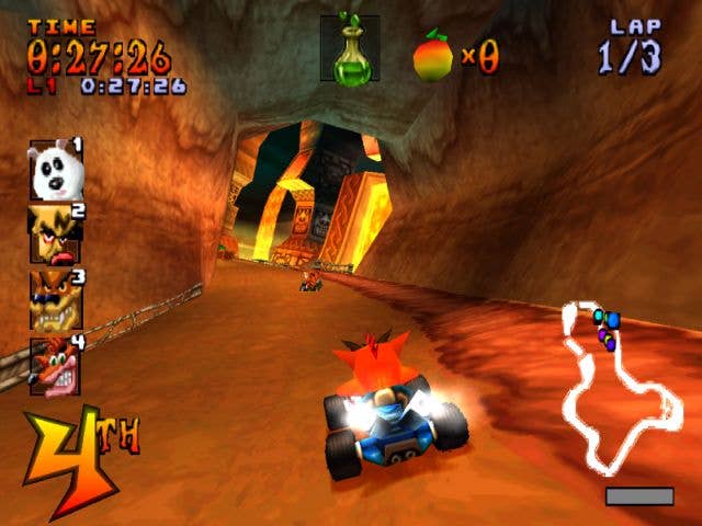 Crash races through a tunnel using a kart in Crash Team Racing