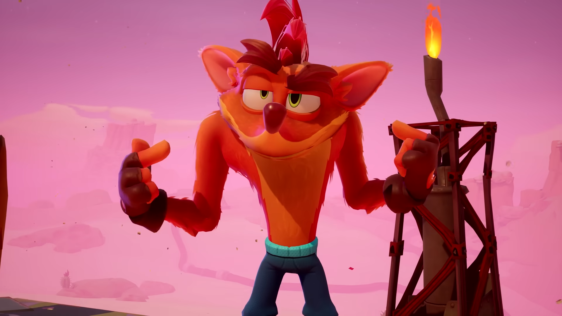 Crash Bandicoot pointing to himself very proudly in Crash Team Rumble