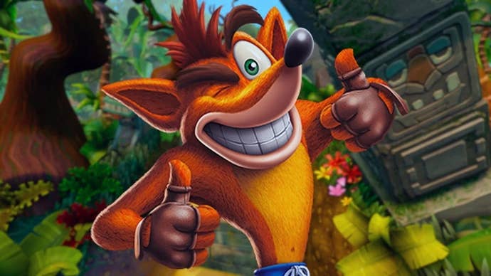 Platform game mascot Crash Bandicoot holds both thumbs up and winks at the camera.
