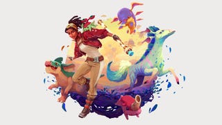 Creatures of Ava key art of protagonist Vic holding a staff, next to colourful animals