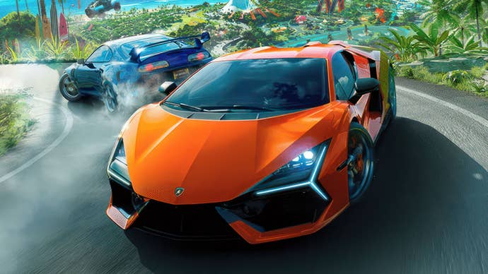the crew motorfest key art showing a lamborghini race car and subaru wrx sti rally car driving and drifting along a hawiian road