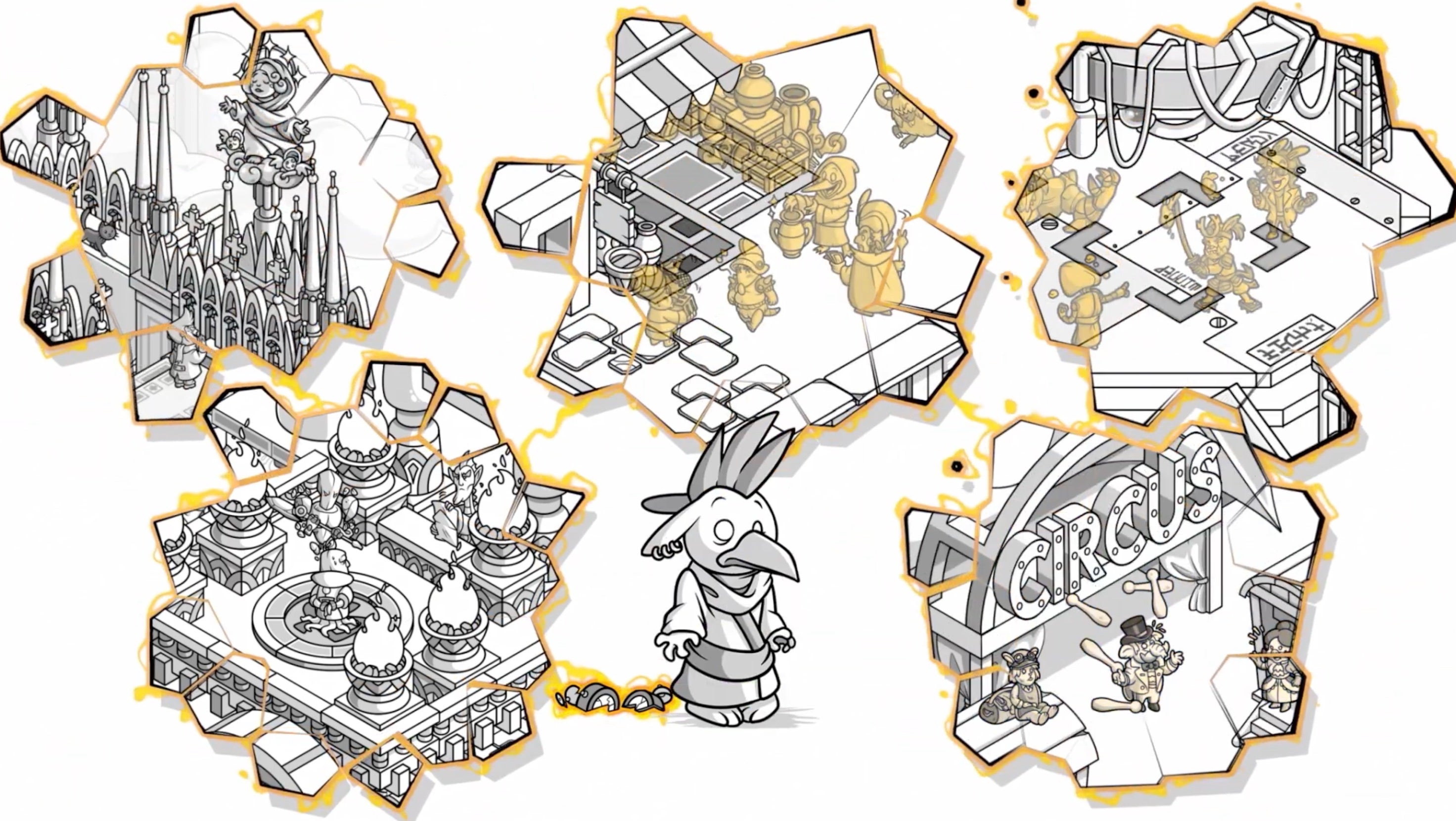 Chicken-elephant hybrid person stands next to fragments of different time periods in Crime O&rsquo;Clock