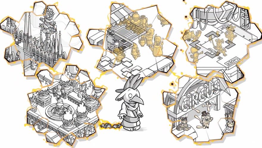 Chicken-elephant hybrid person stands next to fragments of different time periods in Crime O’Clock