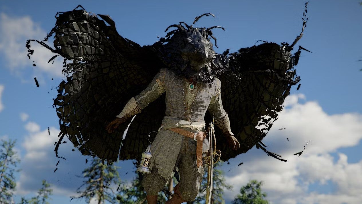Crimson Desert image showing a male character with wings and a mask covering his face