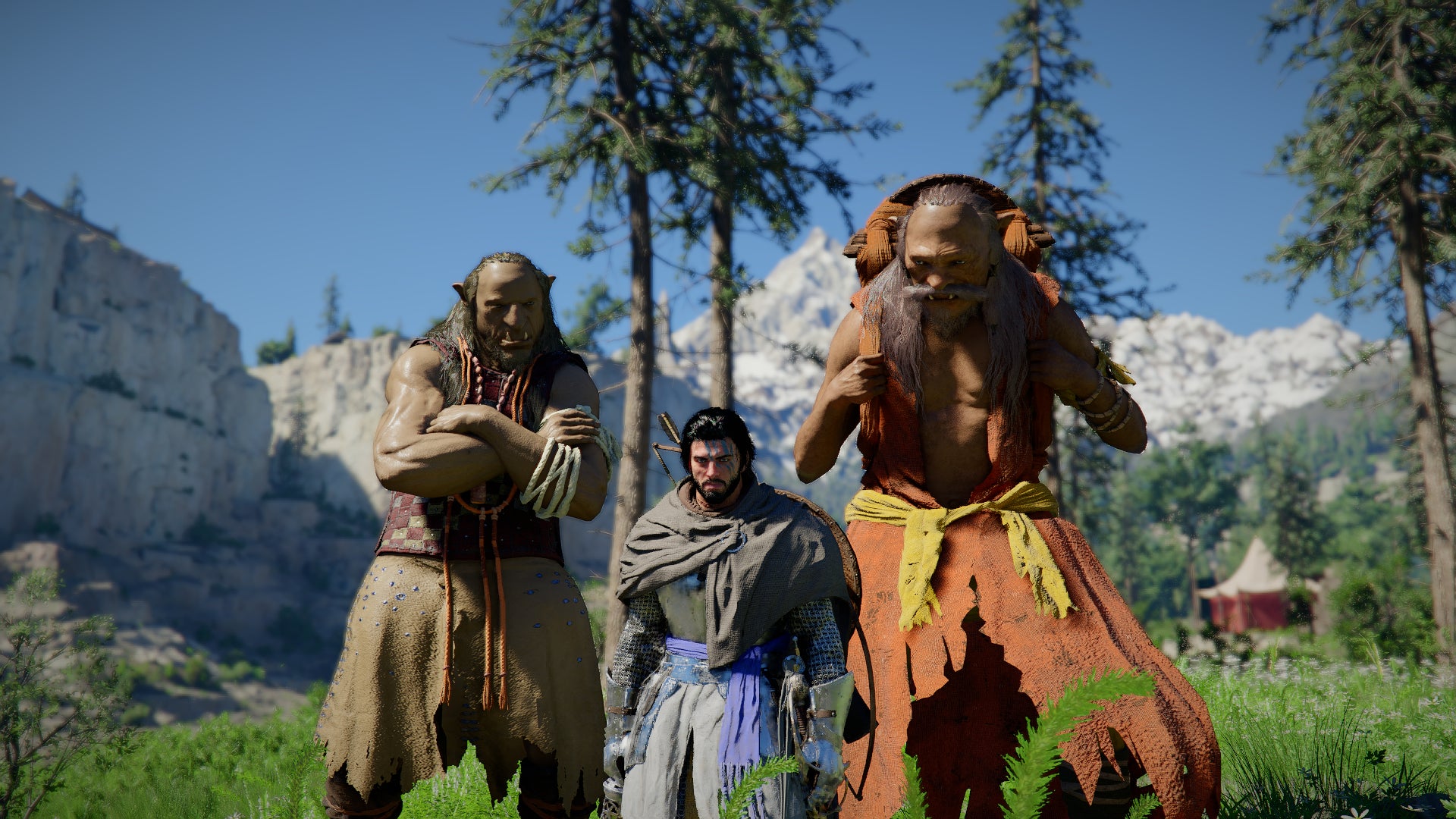 Crimson Desert screenshot showing Kliff and two giants either side of him, all facing the camera doing a pose