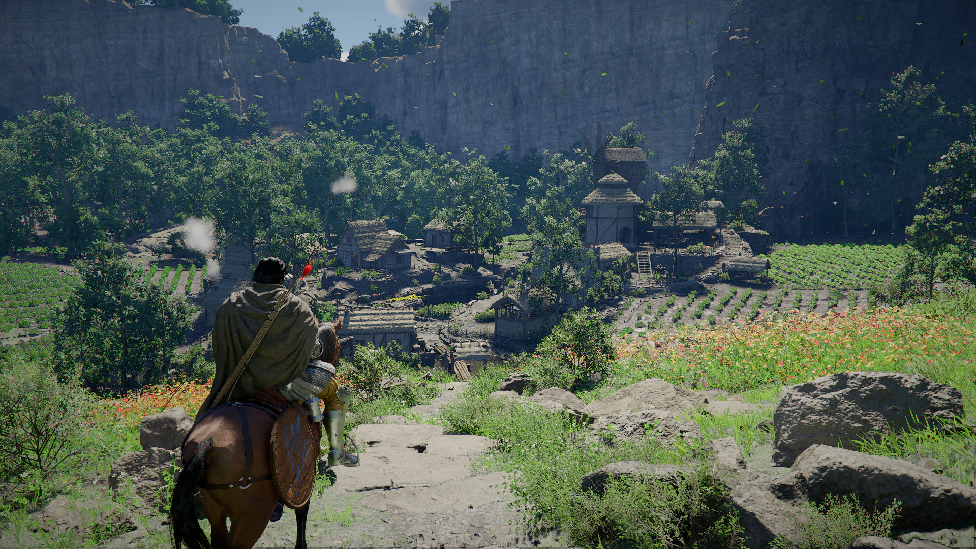 Crimson Desert screenshot showing Kliff on horseback looking over a long path through green countryside