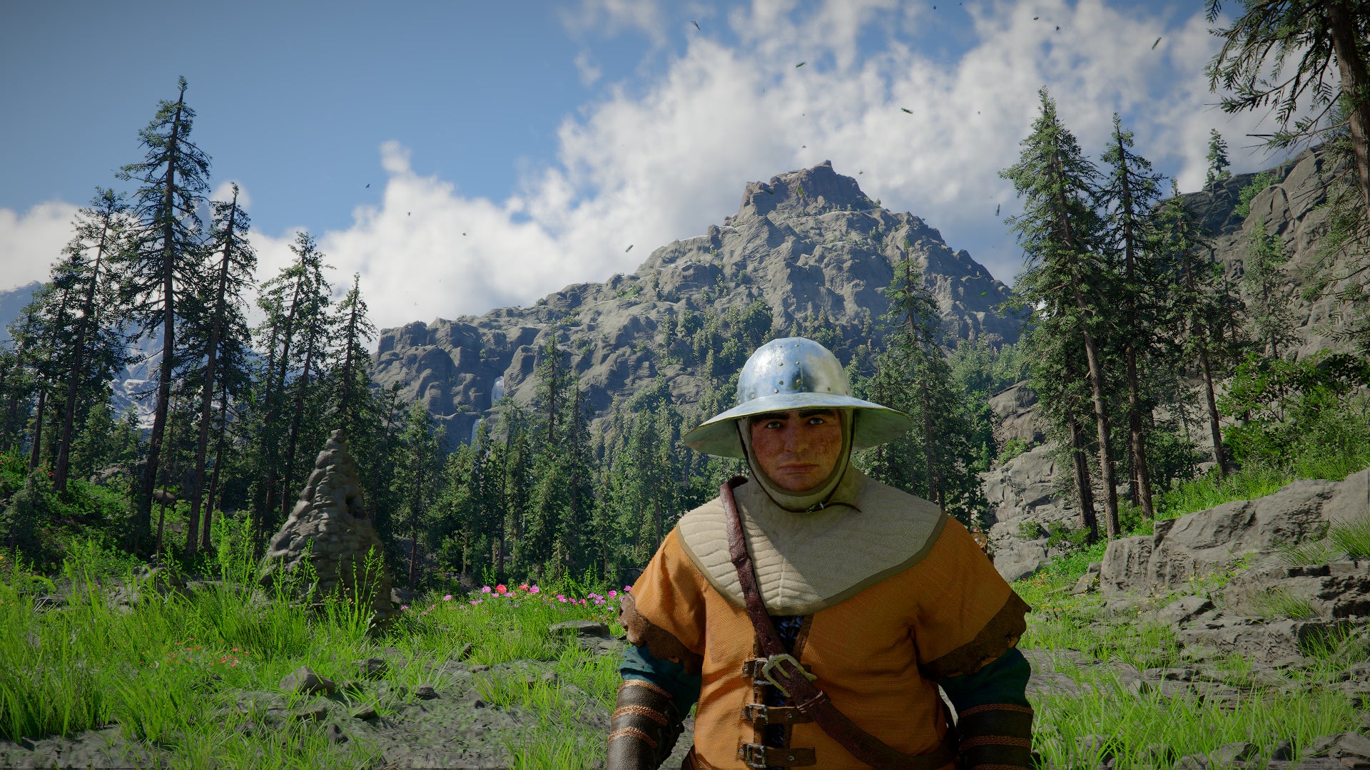 Crimson Desert screenshot showing a guard with a helmet shaped like a bowler hat in front of a big mountain