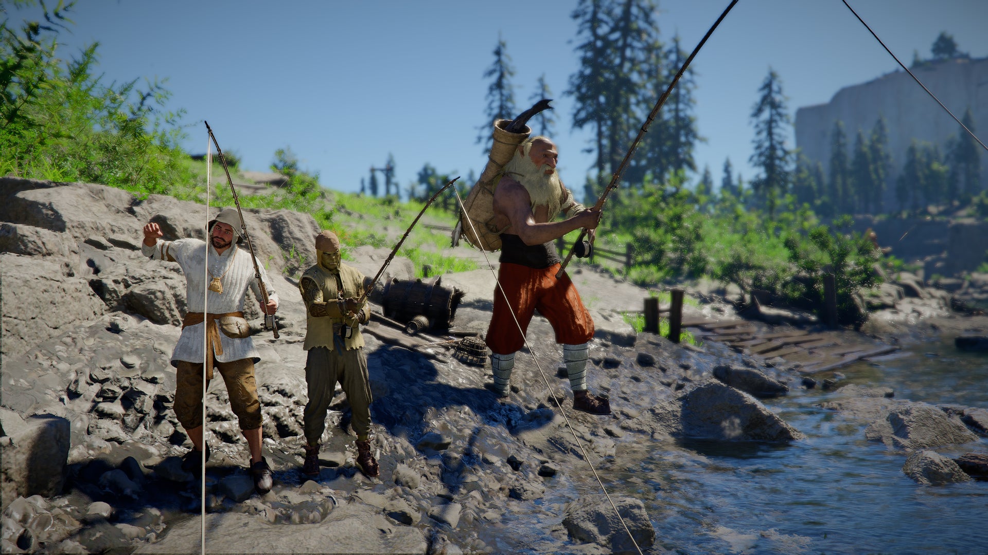 Crimson Desert screenshot showing three characters fishing by a stream