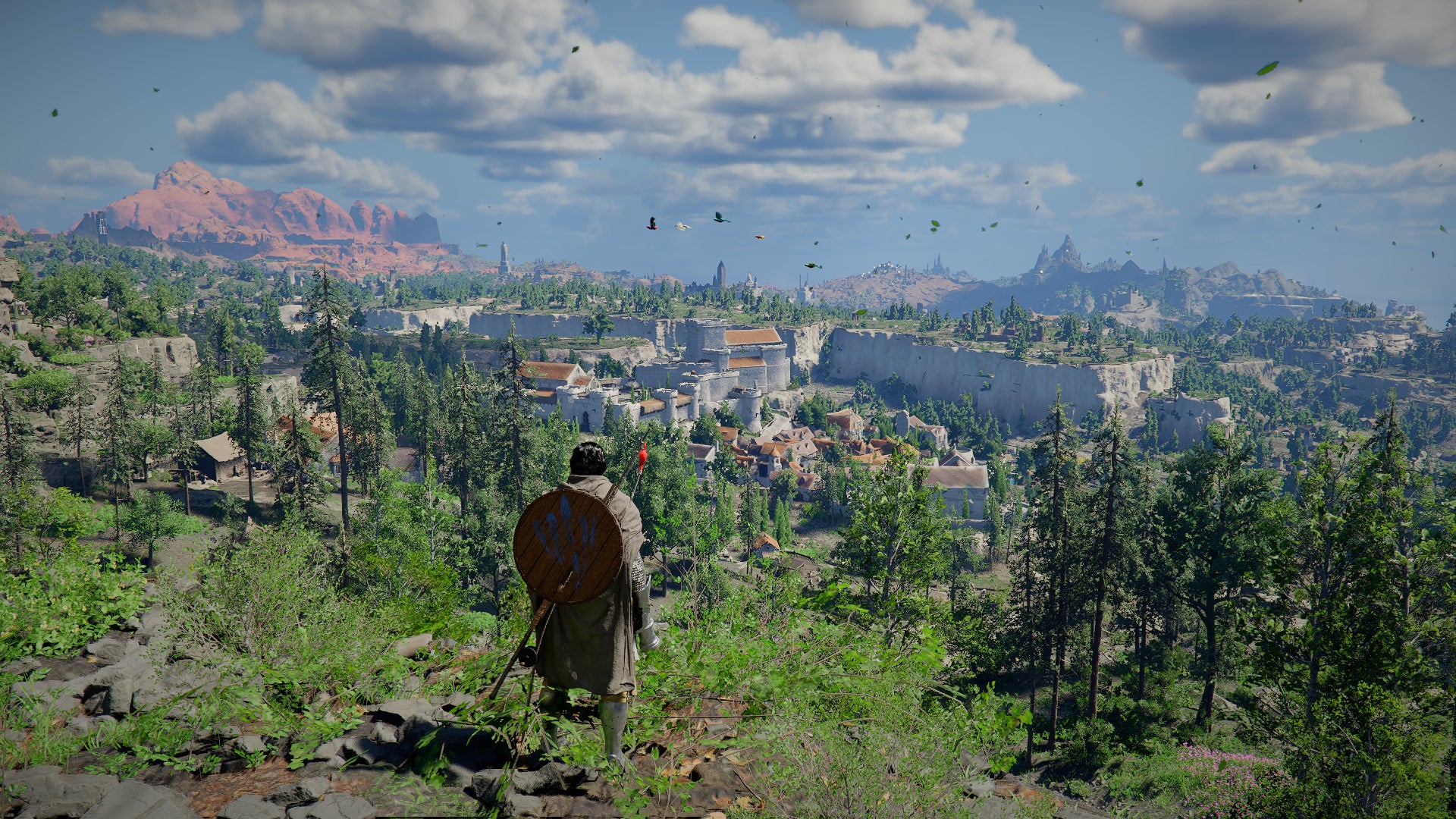 Crimson Desert screenshot showing Kliff, shield on back, looking over a wide vista of the game world, made of grass, trees, and distant mountains