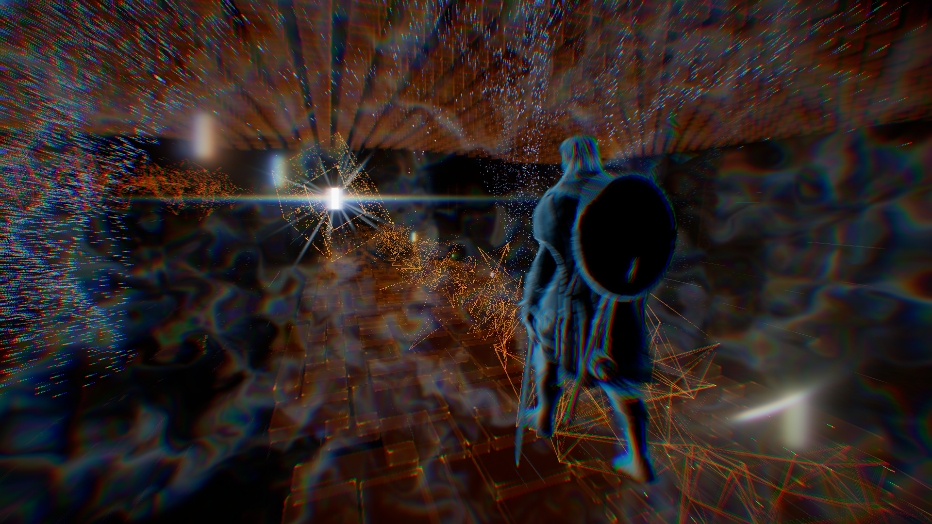 Crimson Desert screenshot showing one of the loading screens, a strange glowing orange ghost tunnel with a distant spec of light