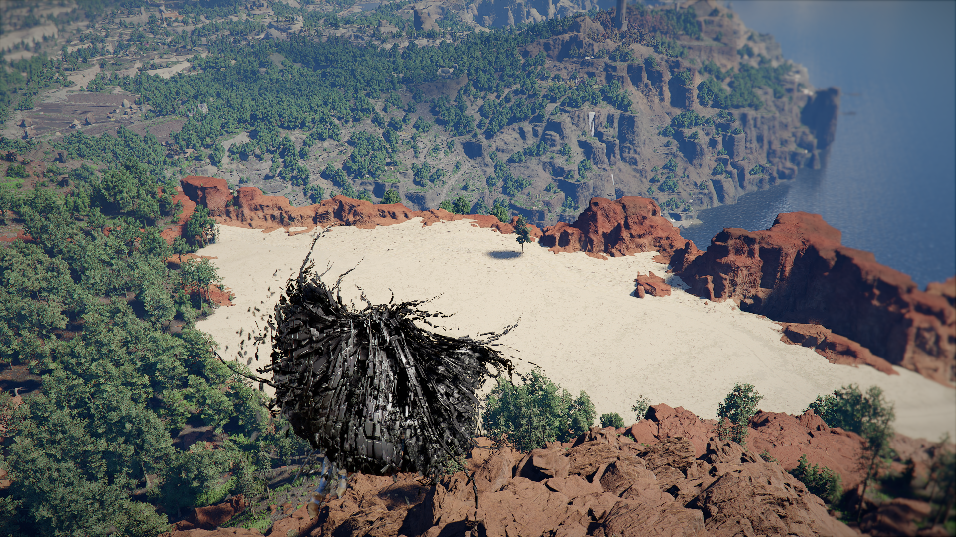 Crimson Desert screenshot showing you flying as a weird bird thing over the game world