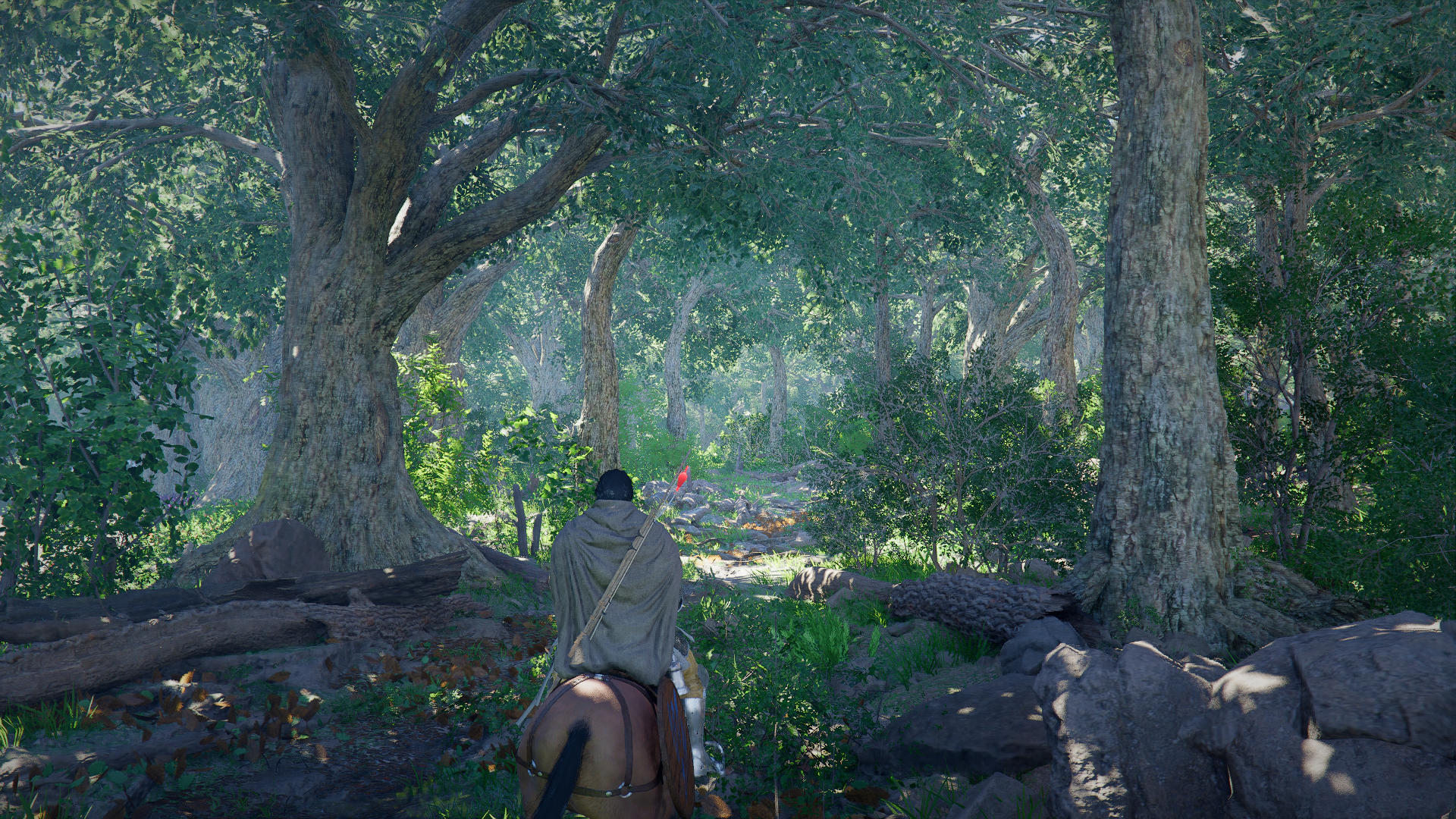 Crimson Desert screenshot showing Kliff riding his horse through dense woods