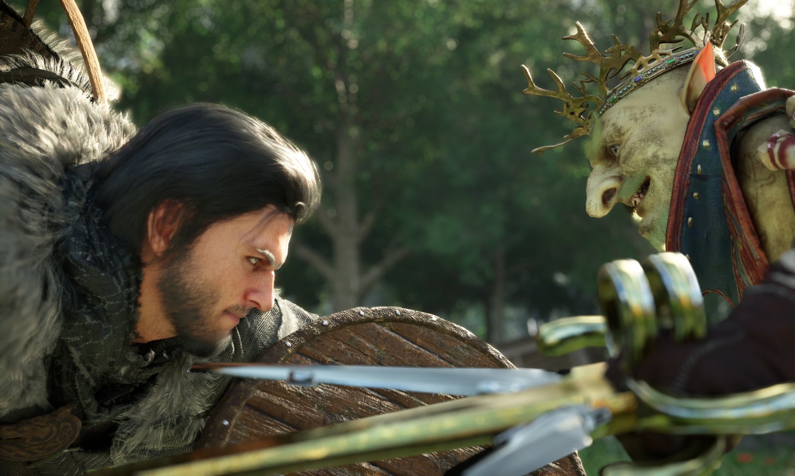 Crimson Desert screenshot showing bearded male protagonist squaring up against orc with crown