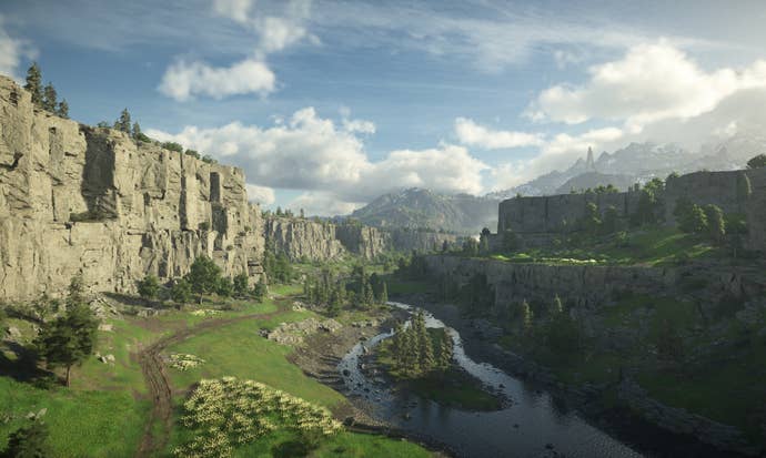 Crimson Desert screenshot showing beautiful verdant valley with river and blue skies