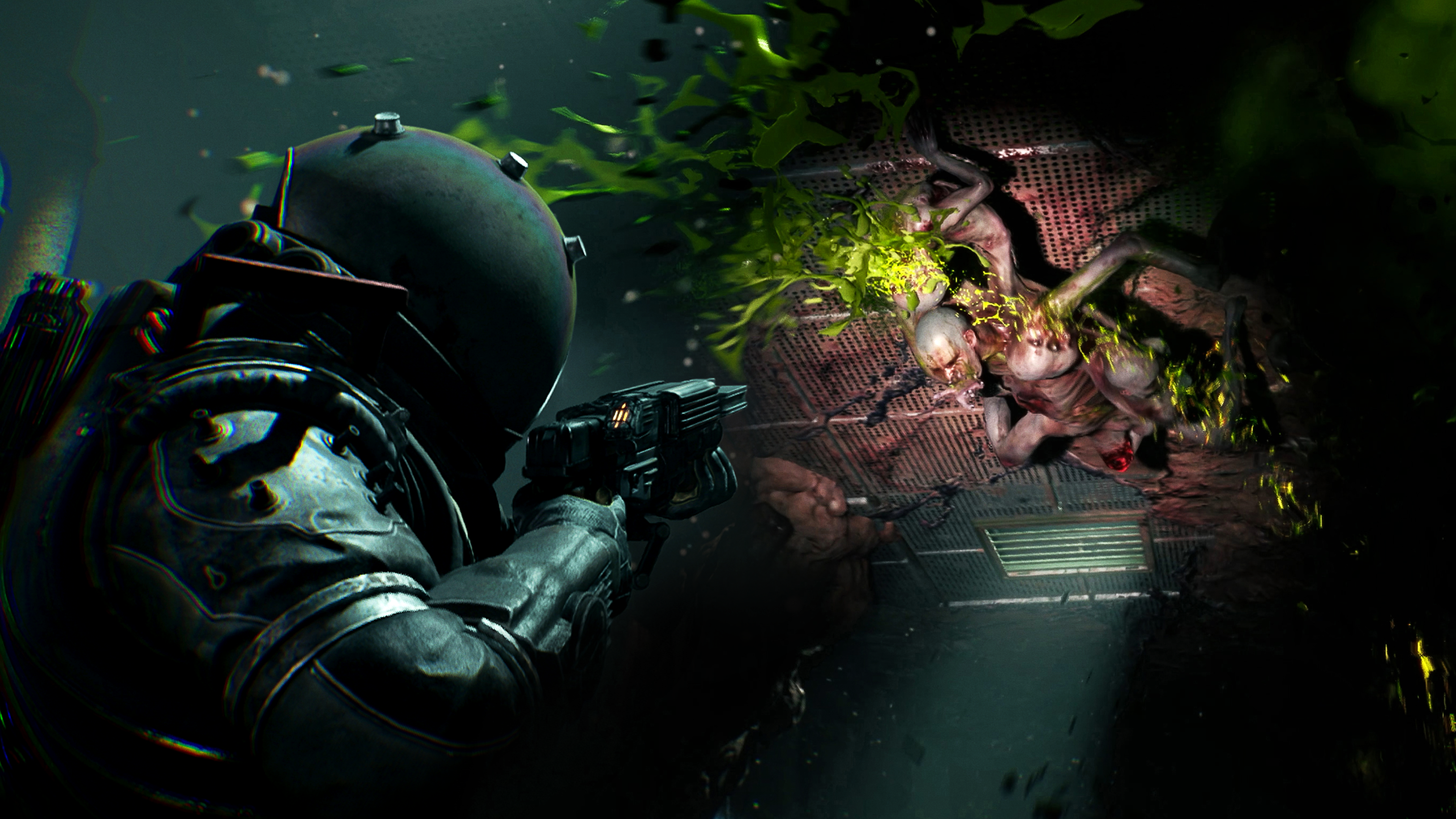 Cronos: The New Dawn screenshot showing strange character in sci-fi suit shooting a grotesque human on the ceiling spitting acid