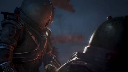 Cronos The New Dawn trailer screenshot showing two figures in sci-fi helmeted suits