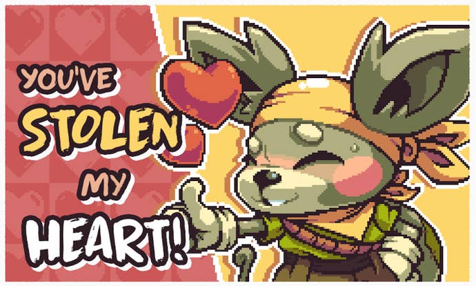 Pirate mouse gives a thumbs up next to text that reads “You’ve stolen my heart” in a screenshot from Cross Blitz