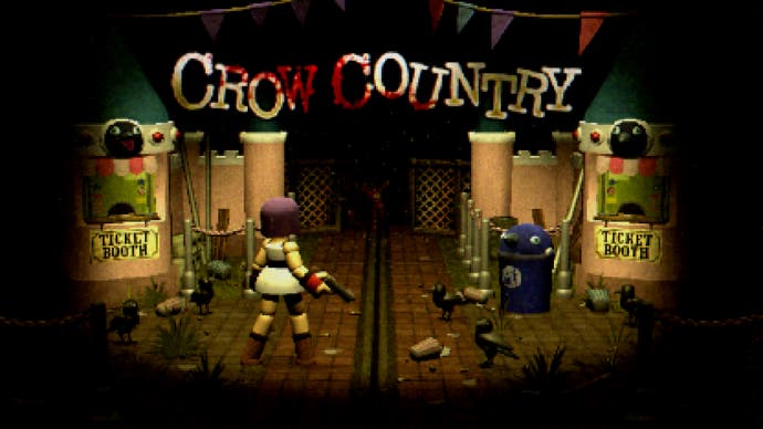 Artwork for Crow Country showing polygon female character with gun entering Crow Country amusement park
