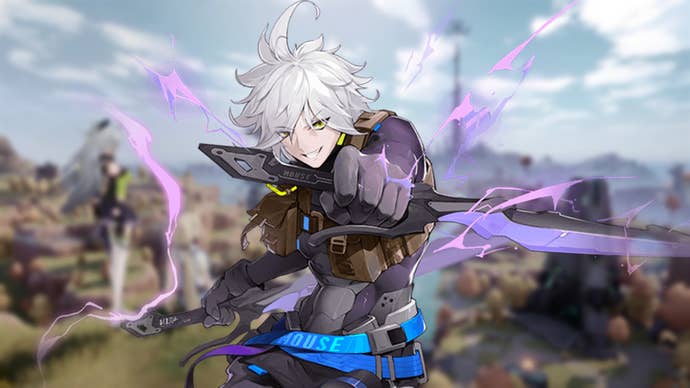 Tower of Fantasy image showing Crow against a blurred backdrop of a cloudy sky over a craggy grassland.