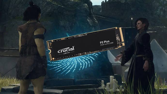 Dragon’s Dogma 2 screenshot with a Crucial P3 Plus SSD in the centre