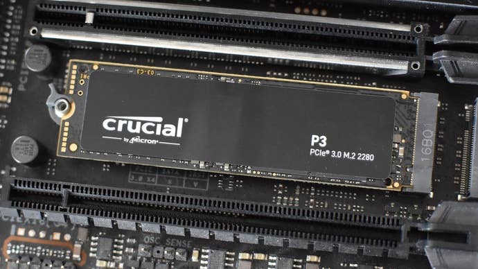 The Crucial P3 SSD installed in a motherboard’s M.2 socket.