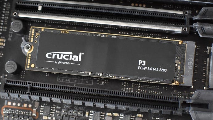 The Crucial P3 SSD installed in a motherboard's M.2 socket.