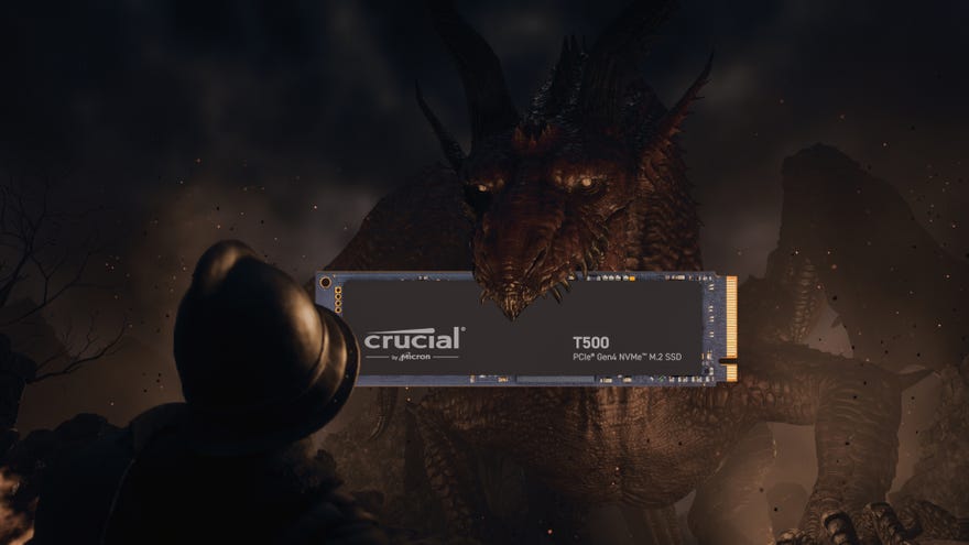 The dragon from Dragon's Dogma 2 holding, via amateurish image editing, a Crucial T500 SSD in its jaws.