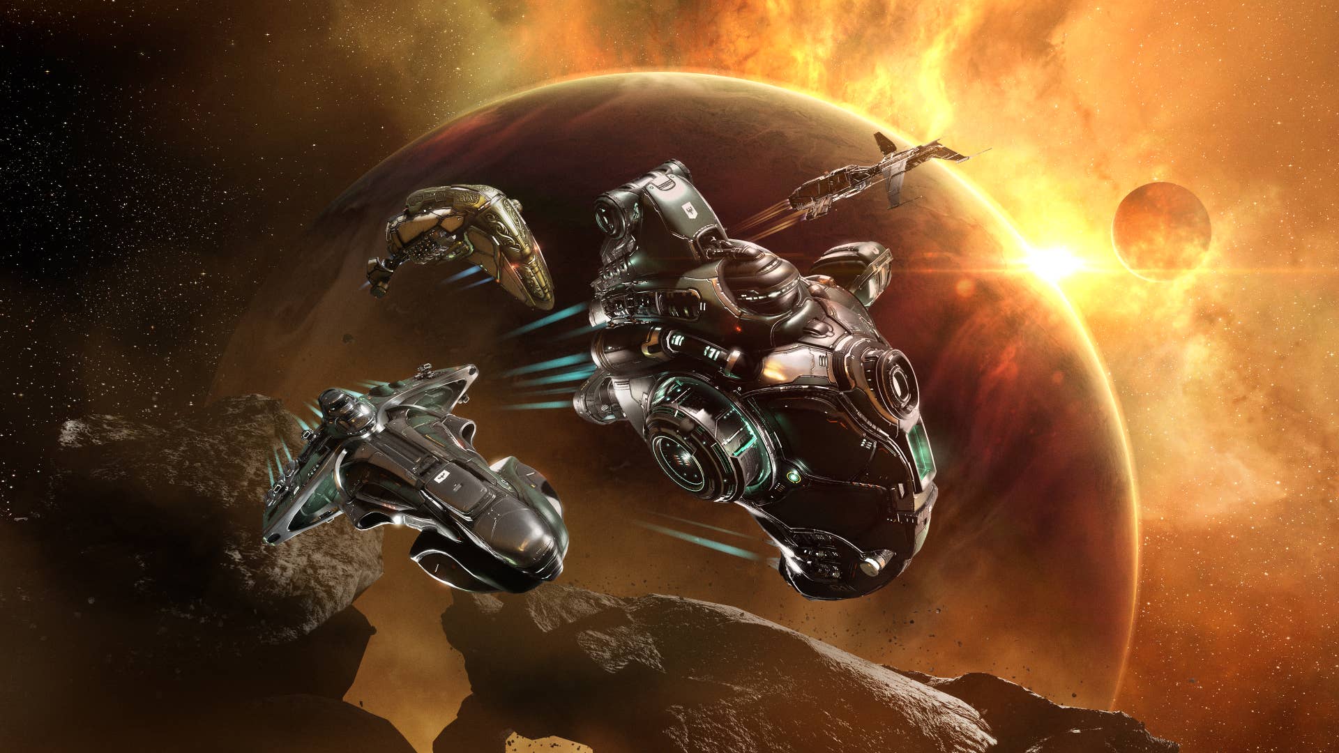 Eve Online ships, all flying towards the camera, against a backdrop of golden light, a series of planets, and some vague afterburner trails behind them.