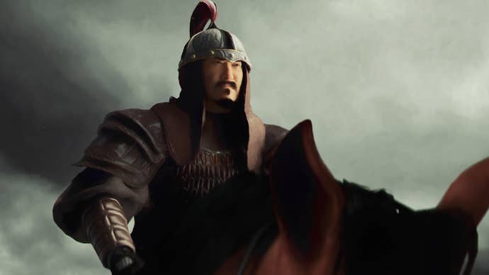 Close up of Genghis Khan on a horse in painterly style from Crusader Kings 3 expansion trailer