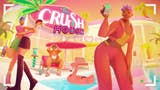 The Crush House key art showing a pastel pink and orange Love Island style reality TV house with pool and partying characters