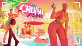 The Crush House key art showing a pastel pink and orange Love Island style reality TV house with pool and partying characters