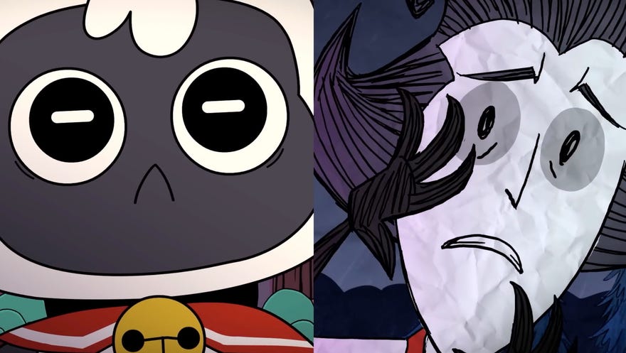 Image split in two with a lamb from Cult Of The Lamb (left) and the guy from Don’t Starve Together (right)