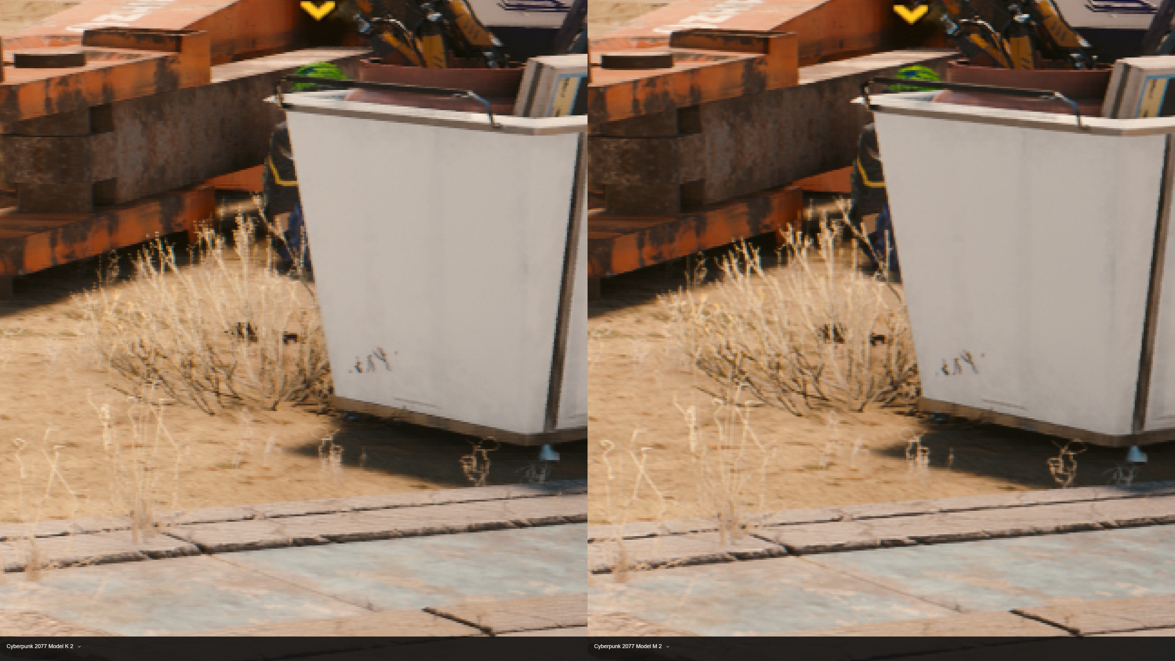 A side-by-side comparison of DLSS Model K and M presets running in Cyberpunk 2077. The Model M image shows higher detailing.