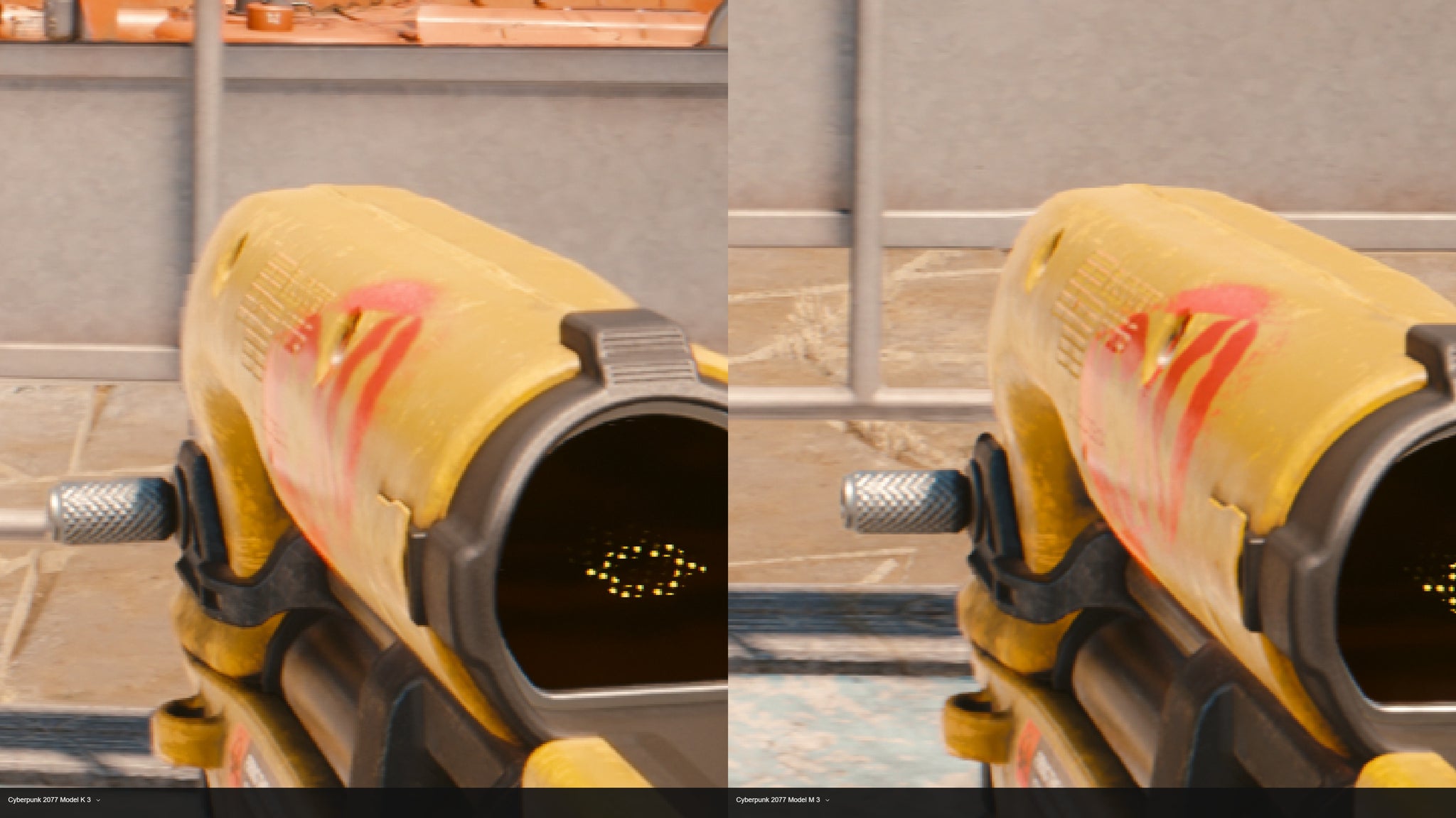 A side-by-side comparison of DLSS Model K and M presets running in Cyberpunk 2077. The Model M image shows cleaner motion. - 7