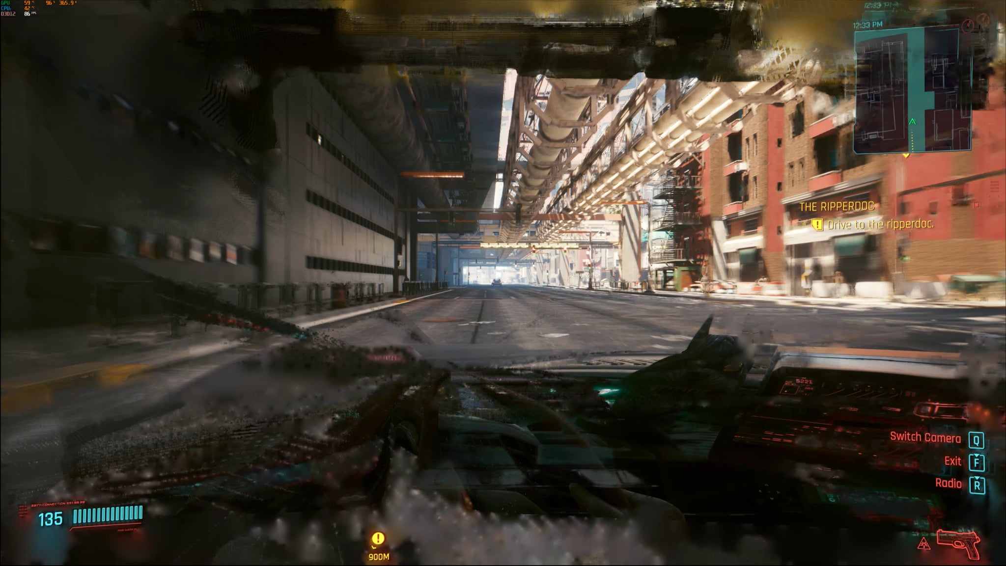 An AI-generated frame of DLSS 3 running over Cyberpunk 2077. The interior of a car is blurred due to the rapid frame-to-frame change of a camera transition. - 15