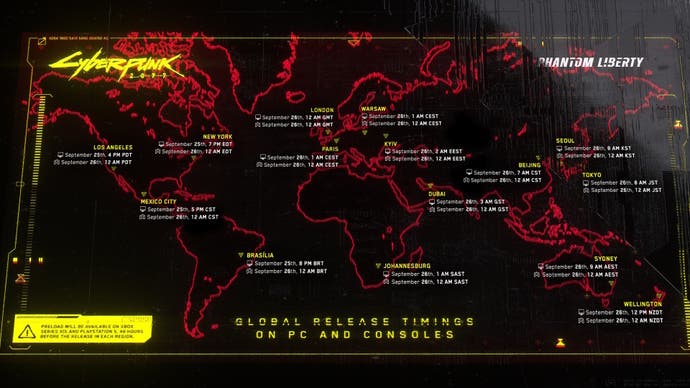 world map in cyberpunk 2077 red styling with the release time on phantom liberty displayed in major timezones