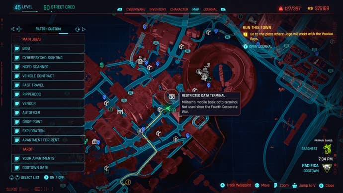 map of dogtown with a restricted data terminal relic point location selected