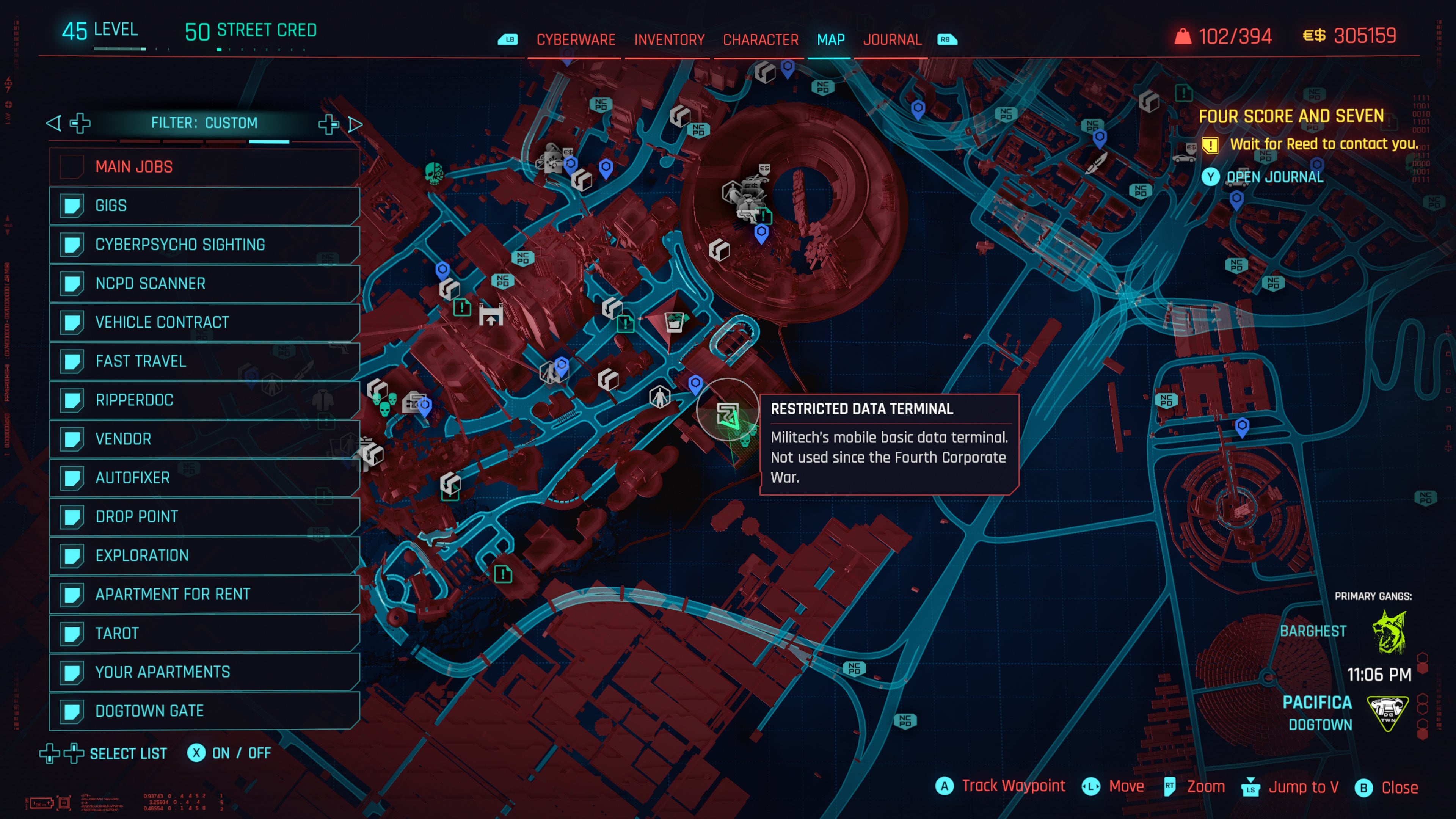 map of dogtown with a restricted data terminal for relic points is selected